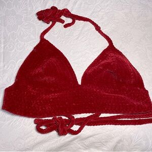 Hand Knit Thick Halter Top Triangle Bralette Velvet Yarn Crochet Crop Plunge V
